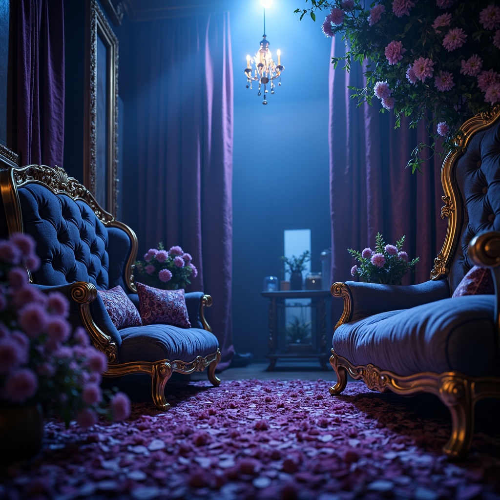 Prompt: Mystical atmosphere, blue violet hues, rich jewel tones, luxurious velvet fabrics, ornate golden frames, soft luminescent lighting, dreamy misty background, subtle gradient effects, delicate petal textures, whimsical illustrations, romantic florals, antique furniture pieces, distressed wood accents, moody shadows, cinematic color grading, 1/2 composition, shallow focus, warm glowing highlights.