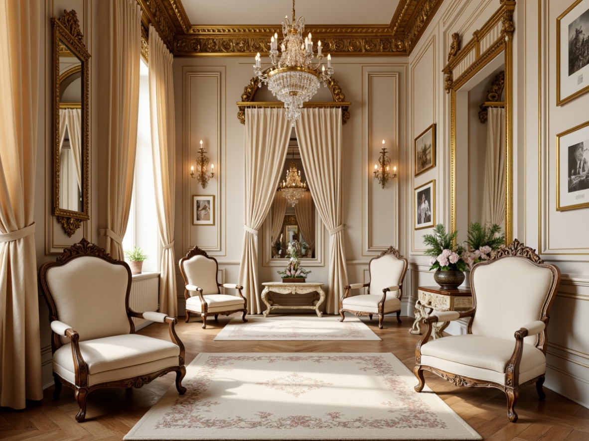 Prompt: Ornate gold frames, luxurious velvet fabrics, soft cream colors, intricately carved wooden legs, ornamental mirrors, crystal chandeliers, lavish drapery, opulent throne-like chairs, curved lines, romantic ambiance, soft warm lighting, 1/1 composition, shallow depth of field, realistic textures, ambient occlusion, Baroque-inspired patterns, delicate floral motifs.