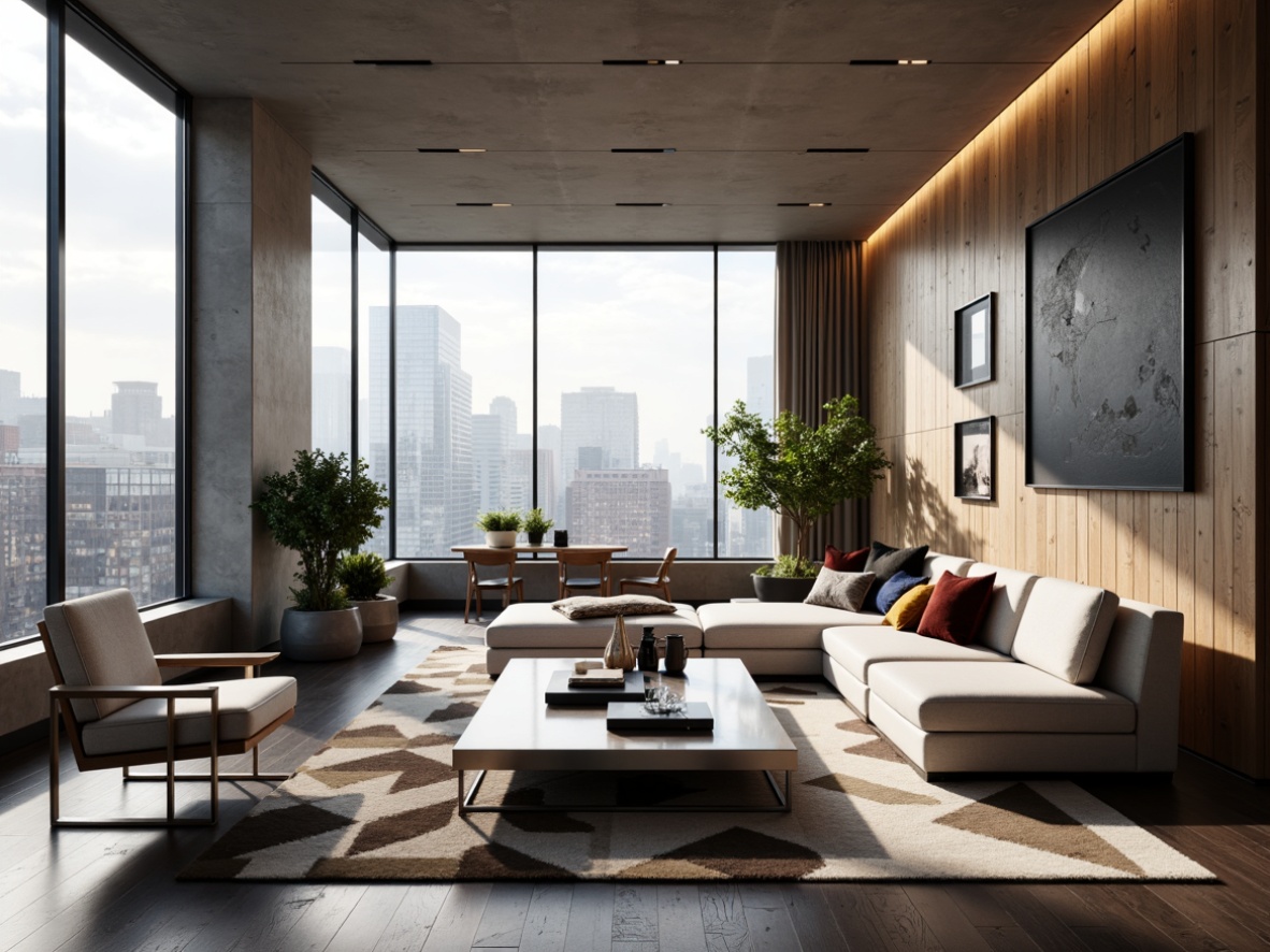 Prompt: Minimalist living room, sleek low-profile sofa, geometric-patterned rug, metallic coffee table, floor-to-ceiling windows, urban cityscape view, industrial-chic lighting fixtures, reclaimed wood accent walls, modern abstract art pieces, luxurious velvet throw pillows, polished chrome legs, ergonomic chairs, hidden storage compartments, LED ambient lighting, 3/4 composition, shallow depth of field, realistic textures, warm softbox lighting.