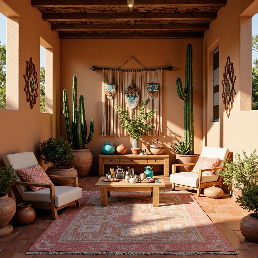 Prompt: Vibrant craft room, southwestern decor, terracotta pottery, woven textiles, earthy color palette, sandy beige walls, turquoise accents, coral pink hues, natural wood furniture, macrame wall hangings, bohemian-inspired rugs, warm golden lighting, rustic metal decorations, geometric patterns, desert botanicals, succulent plants, sun-kissed ambiance, 3/4 composition, shallow depth of field, realistic textures.