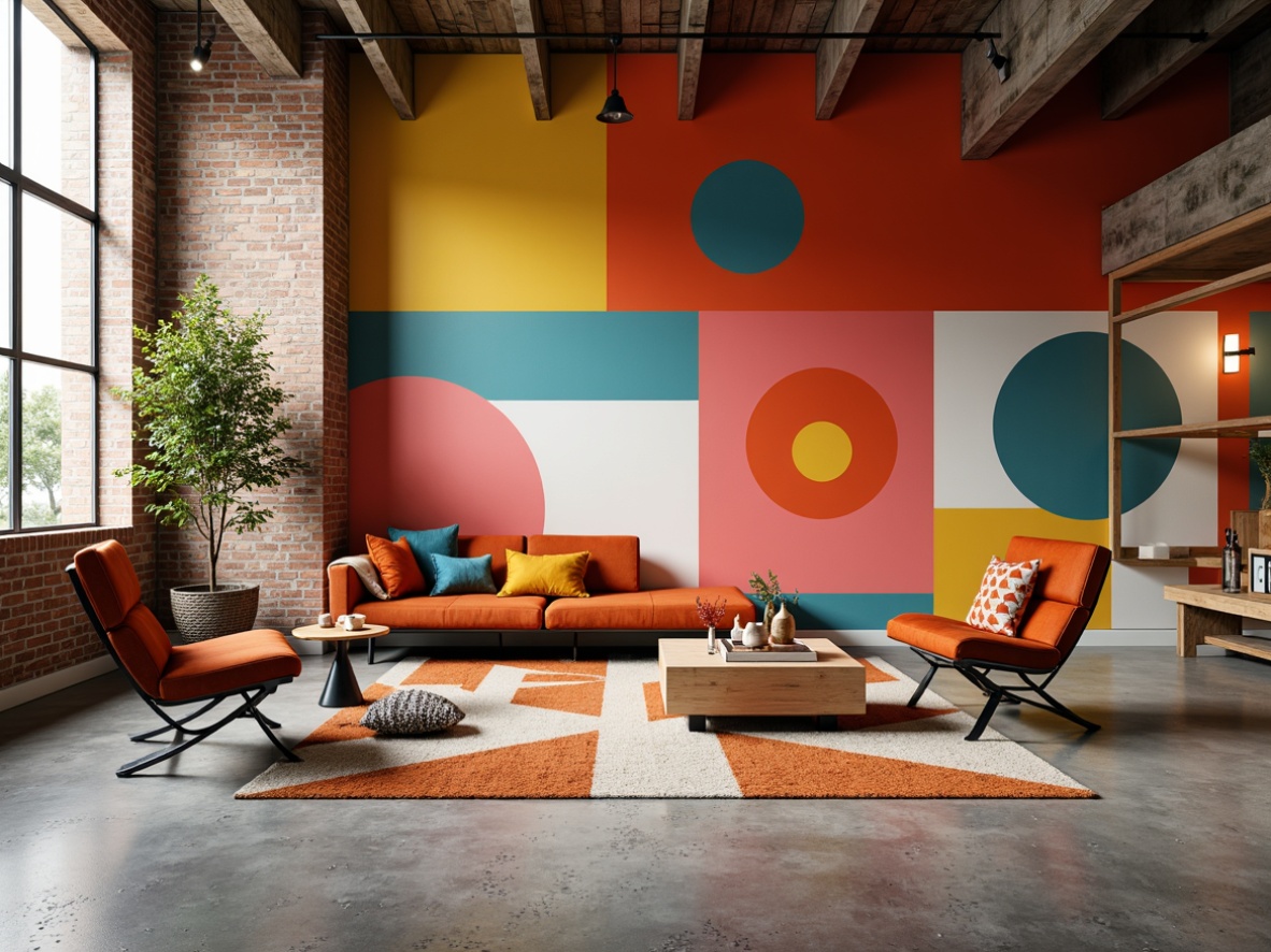 Prompt: Vibrant Bauhaus interior, geometric shapes, bold color blocks, abstract patterns, minimalist decor, clean lines, rectangular forms, functional furniture, tubular steel chairs, geometric rugs, industrial lighting fixtures, exposed brick walls, polished concrete floors, natural wood accents, circular motifs, triangular compositions, 1/1 composition, softbox lighting, shallow depth of field, realistic textures.