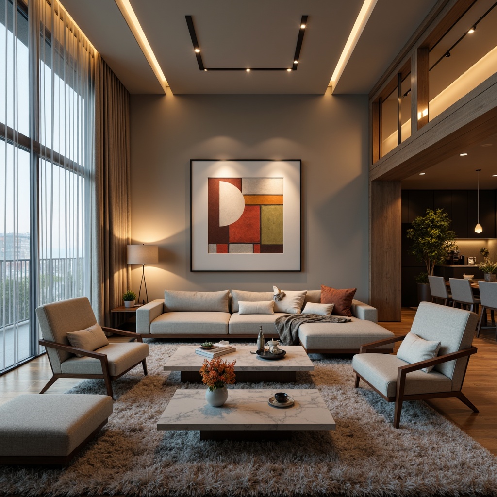 Prompt: Modern living room, sleek furniture, minimalist decor, floor-to-ceiling windows, sheer curtains, warm ambient lighting, softbox lamps, recessed ceiling lights, LED strip lighting, pendant light fixtures, marble coffee tables, plush area rugs, abstract artwork, 3/4 composition, shallow depth of field, warm color temperature, soft shadows, realistic textures.