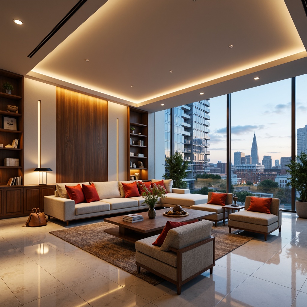 Prompt: Modern living room, sleek furniture, minimalist decor, warm ambient lighting, floor lamps, table lamps, pendant lights, hidden LED strips, cozy reading nook, plush sofas, vibrant throw pillows, rich wood accents, creamy white walls, polished marble floors, large windows, cityscape views, soft evening glow, 1/1 composition, shallow depth of field, realistic textures.