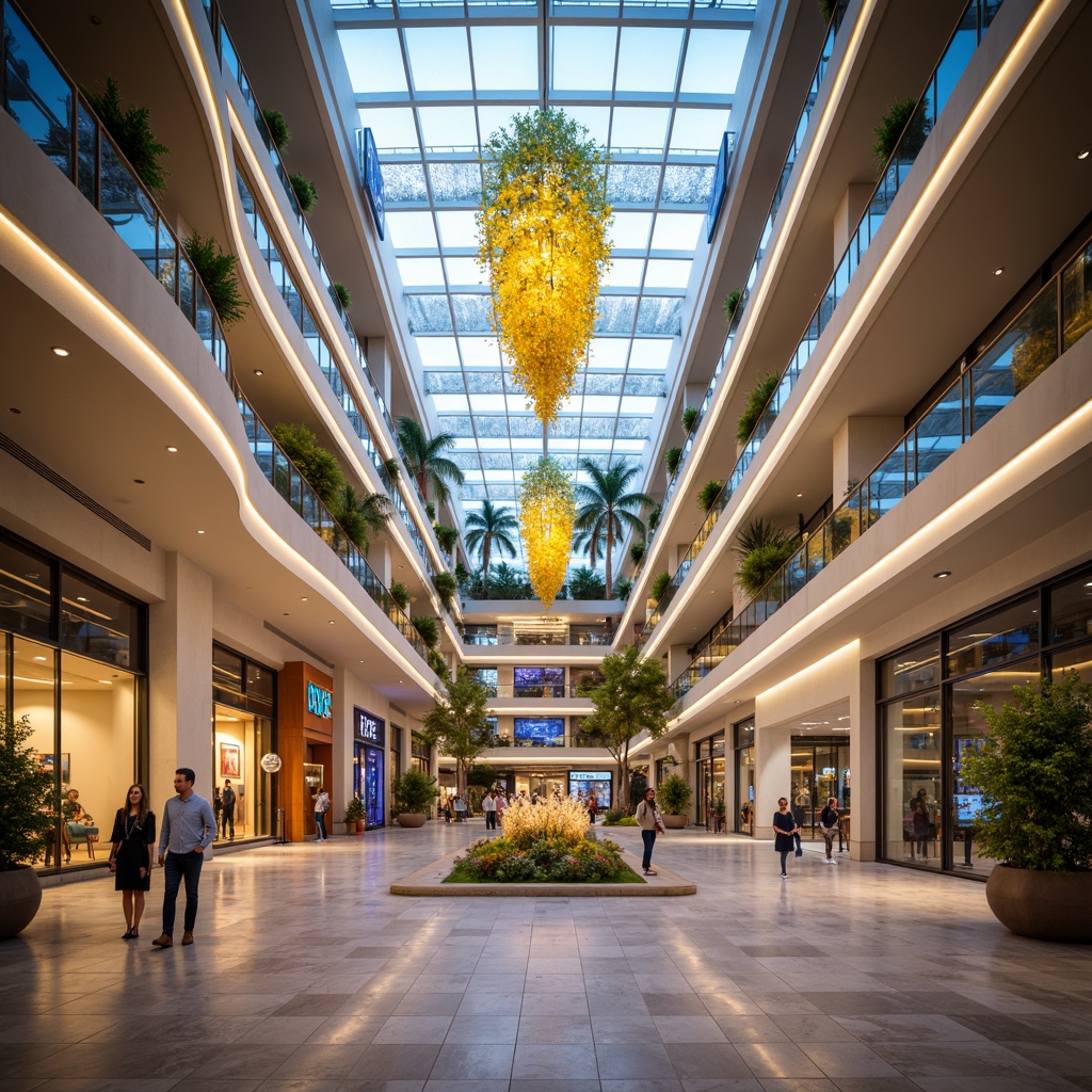 Prompt: Vibrant shopping mall interior, high ceilings, gleaming marble floors, luxurious chandeliers, soft warm lighting, subtle color temperature changes, LED strip lights, modern minimalist fixtures, sleek metal railings, elegant staircases, spacious atriums, natural skylights, dramatic spotlights, ambient occlusion, 3/4 composition, shallow depth of field, realistic textures, bright white lights, warm yellow tones, cool blue hues, dynamic color transitions, futuristic LED installations.