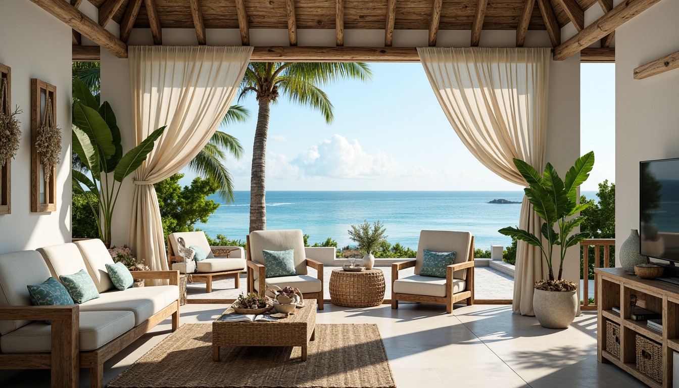 Prompt: Beachside villa, driftwood accents, woven rattan furniture, natural linen fabrics, soft blue-green color palette, ocean-inspired patterns, sea salt-weathered wood textures, distressed finishes, nautical ropes, coral-shaped decorations, shell-adorned accessories, tropical plants, sunny day, warm soft lighting, shallow depth of field, 1/2 composition, realistic reflections, ambient occlusion.