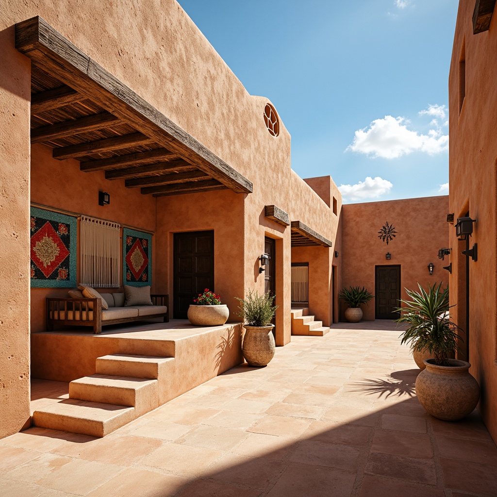 Prompt: Earthy adobe walls, rustic stucco textures, warm terracotta hues, natural stone accents, woven tapestries, vibrant turquoise patterns, geometric Aztec motifs, distressed wooden beams, earthy clay tones, sandy dunes backdrop, clear blue skies, warm sunny day, shallow depth of field, 3/4 composition, realistic textures, ambient occlusion.