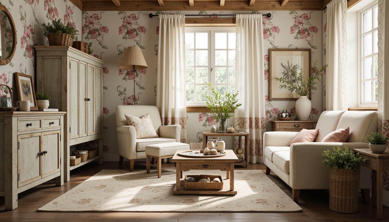 Prompt: Vintage distressed furniture, soft pastel colors, floral patterns, lace trims, ruffled fabrics, linen upholstery, natural fibers, woven baskets, rustic wooden accents, antique decorative items, feminine elegant atmosphere, warm cozy lighting, shallow depth of field, 1/1 composition, panoramic view, realistic textures, ambient occlusion.