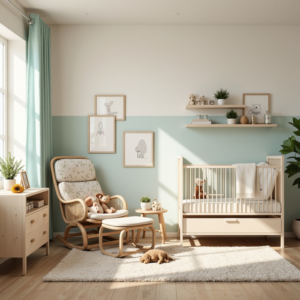 Prompt: Soft pastel hues, gentle nursery ambiance, soothing cream walls, pale blue accents, warm beige furniture, delicate floral patterns, natural wood tones, calming greenery, adorable stuffed animals, playful baby toys, cozy reading nook, comfortable glider chair, serene atmosphere, softbox lighting, 1/2 composition, intimate focus, realistic textures.