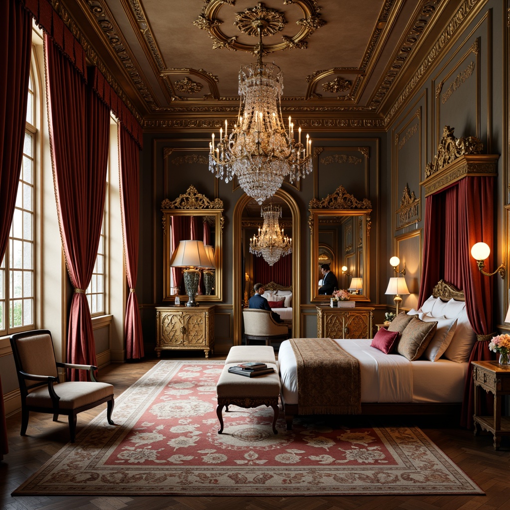 Prompt: Luxurious bedroom, ornate furnishings, gilded frames, velvet drapes, intricately carved wooden panels, lavish fabrics, rich tapestries, crystal chandeliers, majestic four-poster beds, tufted upholstery, golden accents, Rococo-inspired mirrors, elegant curves, soft warm lighting, subtle shadows, 1/1 composition, intimate atmosphere, realistic textures, ambient occlusion.