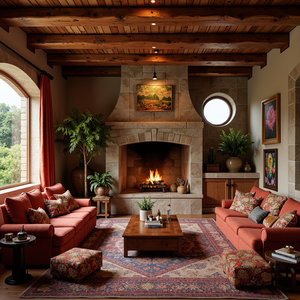 Prompt: Cozy living room, warm earthy tones, rich wood accents, plush furniture, ornate carvings, vibrant cultural patterns, colorful textiles, traditional community motifs, rustic wooden beams, stone fireplaces, soft warm lighting, inviting atmosphere, 3/4 composition, realistic textures, ambient occlusion.