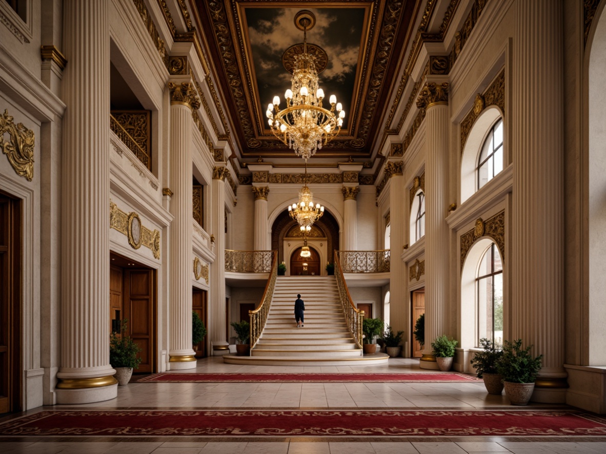 Prompt: Grandiose hall interior, high ceilings, ornate columns, classic architectural details, intricate moldings, luxurious chandeliers, polished marble floors, velvety red carpets, majestic staircase, gilded railings, ornamental ceiling paintings, soft warm lighting, 1/1 composition, shallow depth of field, realistic textures, ambient occlusion.