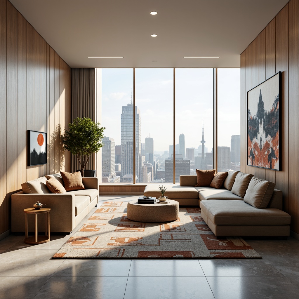 Prompt: Minimalist living room, sleek modern furniture, plush velvet sofas, geometric patterned rugs, polished marble floors, metallic accents, floor-to-ceiling windows, natural light pouring in, urban cityscape views, soft warm lighting, shallow depth of field, 1/1 composition, realistic textures, ambient occlusion, luxurious throw pillows, rich wood tones, subtle sheen finishes, industrial chic decor, abstract artwork, statement lighting fixtures.