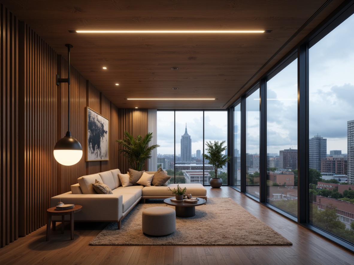 Prompt: Modern living room, sleek ceiling lamps, warm ambient glow, soft LED lights, minimalist pendant lights, natural wood accents, comfortable seating area, floor-to-ceiling windows, cityscape view, cloudy day, subtle shadows, shallow depth of field, 1/1 composition, realistic textures, ambient occlusion.