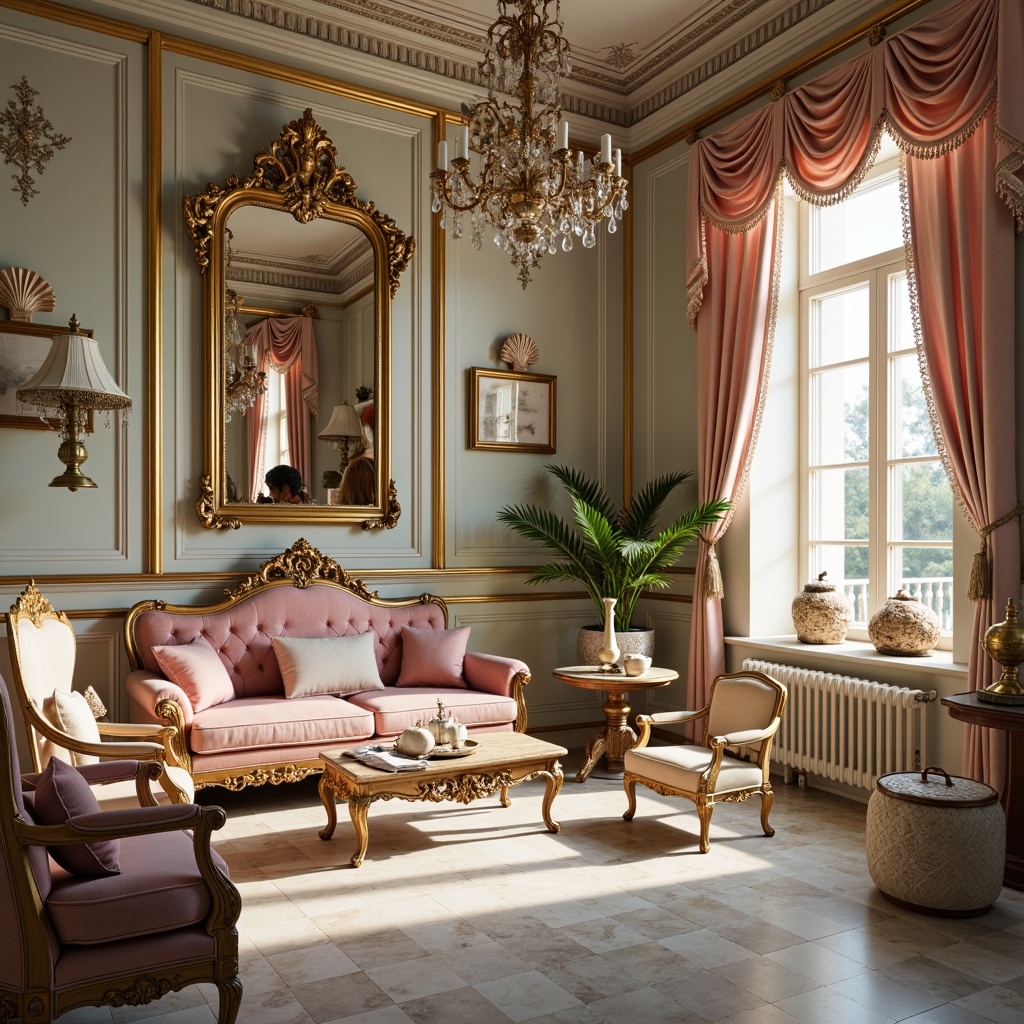 Prompt: Opulent Rococo-inspired interior, ornate gilded frames, intricately carved wooden furniture, plush velvet upholstery, soft pastel colors, delicate lace trim, crystal chandeliers, marble flooring, ornamental mirrors, lavish drapery, romantic candelabras, whimsical shell motifs, golden accents, subtle sheen, warm soft lighting, shallow depth of field, 1/1 composition, intimate atmosphere.