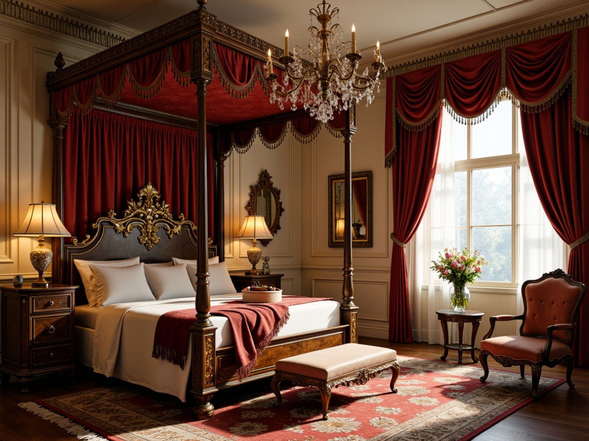 Prompt: Luxurious Baroque-style bedroom, opulent velvet drapes, intricately carved wooden furniture, gilded ornate mirrors, lavish crystal chandeliers, richly patterned rugs, ornate ceiling moldings, grandiose four-poster beds, delicate lace curtains, soft warm golden lighting, subtle shadows, 1/1 composition, intimate close-up shots, realistic textures, ambient occlusion.