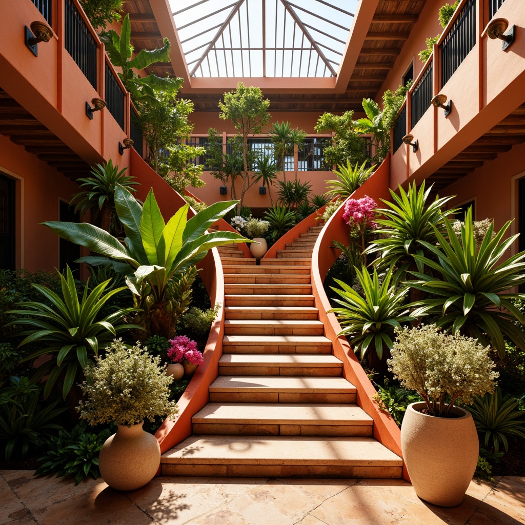 Prompt: Vibrant tropical staircase, warm wooden handrails, exotic hardwood treads, bright coral-inspired balusters, lush greenery surroundings, natural stone flooring, earthy terracotta walls, sunny skylight above, soft diffused lighting, rich wood grain textures, ornate metal fixtures, curved lines, playful geometric patterns, colorful woven textiles, tropical flower arrangements, ocean breeze ambiance.