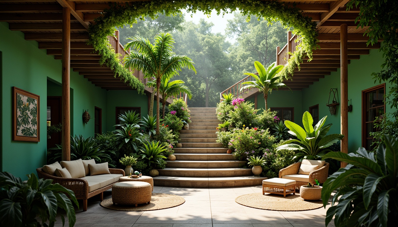 Prompt: Lush tropical staircase, exotic plants, vibrant green walls, natural stone steps, wooden handrails, open-air atrium, bright sunlight, misty atmosphere, dense foliage, flowering vines, colorful blooms, wicker furniture, rattan decor, earthy tones, organic shapes, curved lines, whimsical patterns, warm ambient lighting, shallow depth of field, 1/1 composition, soft focus, realistic textures.