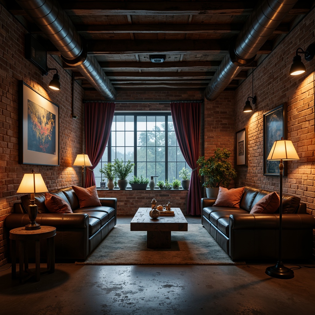 Prompt: Moody basement atmosphere, industrial metal beams, exposed brick walls, concrete floors, distressed leather sofas, reclaimed wood coffee tables, vintage metal lamps, abstract art pieces, eclectic decorative accents, rich velvet drapes, dimmable floor lamps, warm ambient lighting, cinematic color palette, low-key shadows, 1/1 composition, atmospheric fog effect.