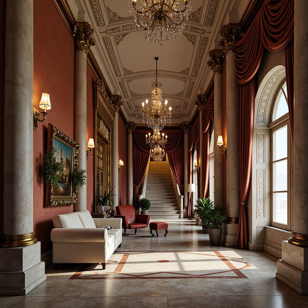 Prompt: Elegant classical architecture, ornate columns, intricately carved marble, rich wooden paneling, polished bronze details, grand staircase, sweeping archways, crystal chandeliers, lavish furnishings, velvet drapes, gilded frames, luxurious fabrics, subtle color palette, soft warm lighting, shallow depth of field, 3/4 composition, realistic textures, ambient occlusion.