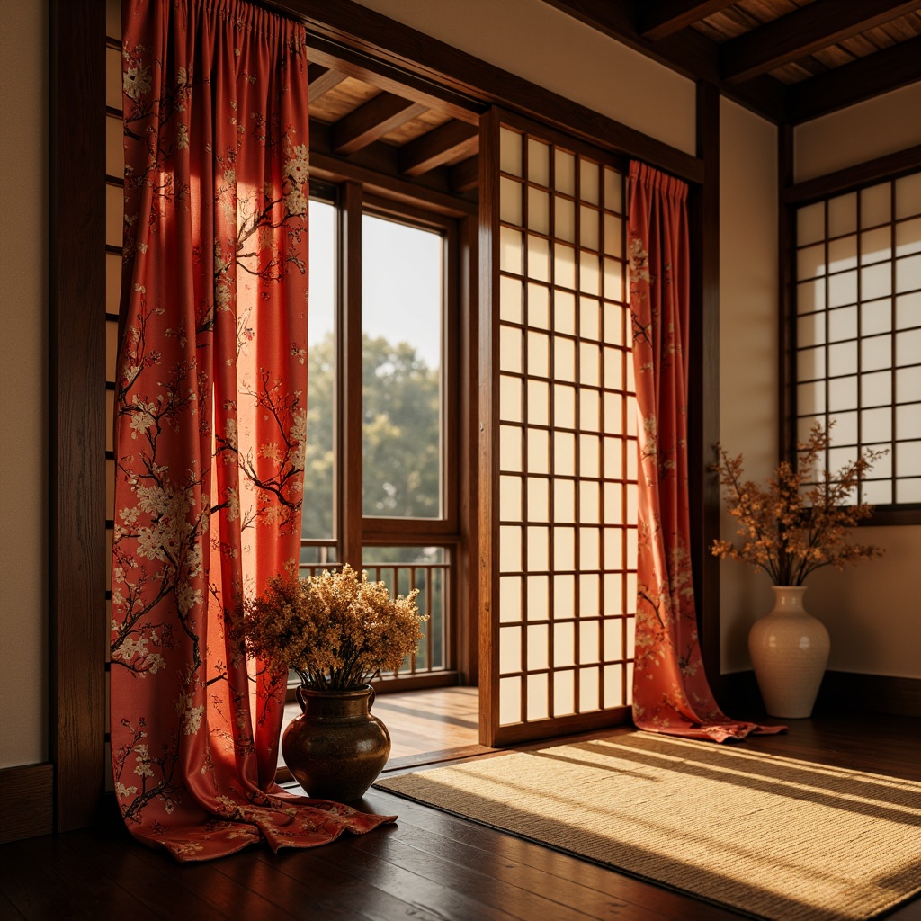 Prompt: Intricate silk fabrics, vibrant kimono patterns, delicate cherry blossom motifs, luxurious velvet drapes, ornate wooden carvings, elegant shoji screens, serene natural materials, traditional Japanese sliding doors, subtle rice paper textures, warm golden lighting, cozy intimate spaces, 3/4 composition, soft focus, shallow depth of field, authentic cultural elements.