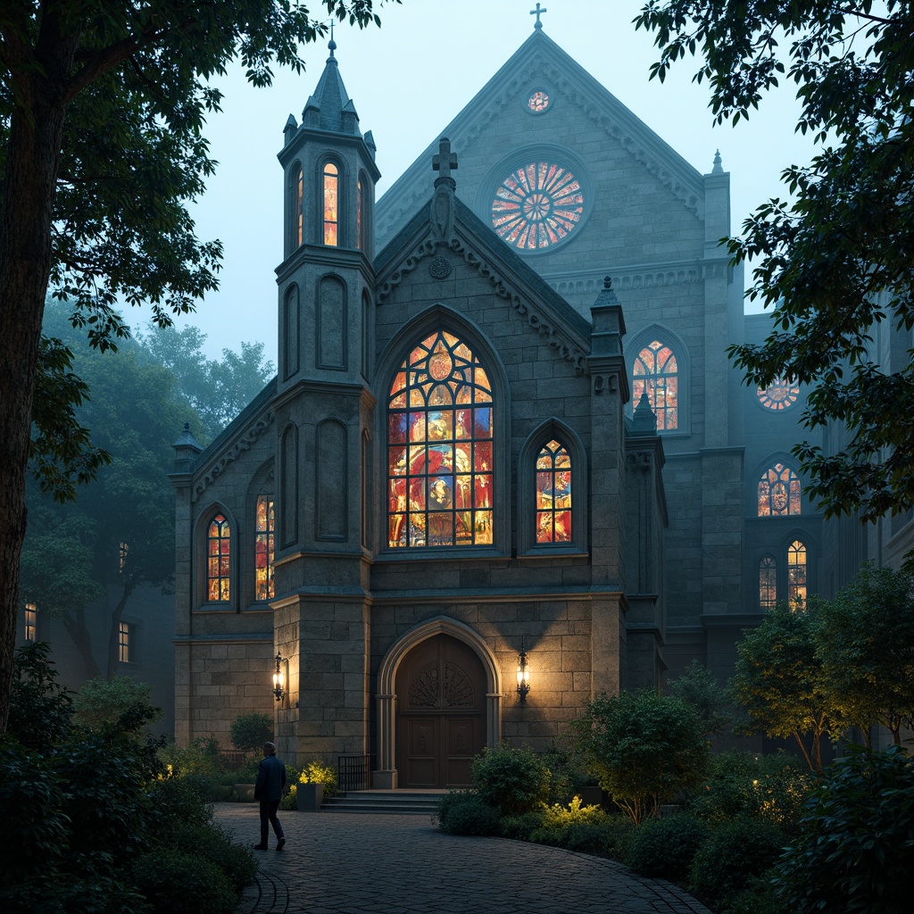 Prompt: Intricate stone carvings, grandiose cathedrals, pointed arches, ribbed vaults, flying buttresses, ornate gargoyles, stained glass windows, vibrant colors, dramatic lighting, mysterious ambiance, dense foliage, overgrown vines, ancient trees, misty atmosphere, cinematic mood, low-key lighting, 3/4 composition, symmetrical framing, detailed textures, ambient occlusion.