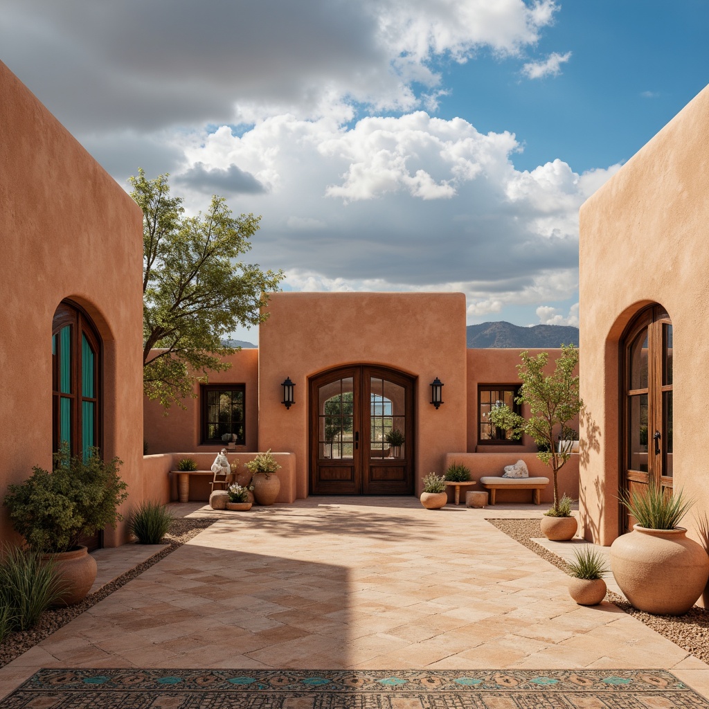 Prompt: Adobe earth tones, stucco exteriors, rustic wooden doors, ornate metalwork, vibrant turquoise accents, geometric tile patterns, curved archways, natural stone flooring, woven textiles, earthy ceramic vases, Pueblo-inspired architecture, warm sandy terrain, vast desert landscapes, clear blue skies, dramatic cloud formations, soft warm lighting, shallow depth of field, 3/4 composition, realistic textures, ambient occlusion.