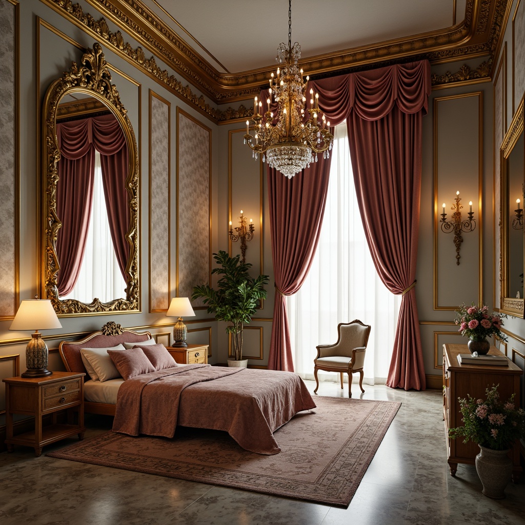 Prompt: Luxurious boudoir, ornate mirrors, velvet drapes, golden accents, carved wooden furniture, plush area rugs, intricate patterns, soft pastel colors, delicate florals, crystal chandeliers, marble floors, ornamental moldings, rich tapestries, lavish fabrics, subtle sheen, warm candlelight, shallow depth of field, 1/2 composition, intimate atmosphere, realistic textures, ambient occlusion.