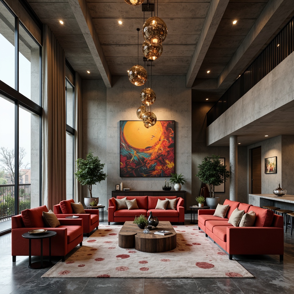 Prompt: Luxurious living room, rich velvet sofas, sleek metal accents, polished marble floors, rustic wooden coffee tables, soft plush area rugs, industrial-style concrete walls, vibrant colorful artwork, modern minimalist chandeliers, warm cozy ambient lighting, shallow depth of field, 1/1 composition, realistic textures, ambient occlusion.