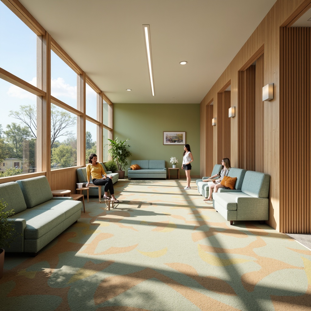 Prompt: Calming rehabilitation center, soothing color palette, muted pastel hues, gentle greens, blues, and yellows, natural wood accents, comfortable seating areas, warm lighting, cozy textures, subtle patterns, acoustic panels, sound-absorbing materials, peaceful ambiance, modern minimalist design, functional furniture, accessible layouts, soft warm lighting, shallow depth of field, 3/4 composition, realistic textures, ambient occlusion.