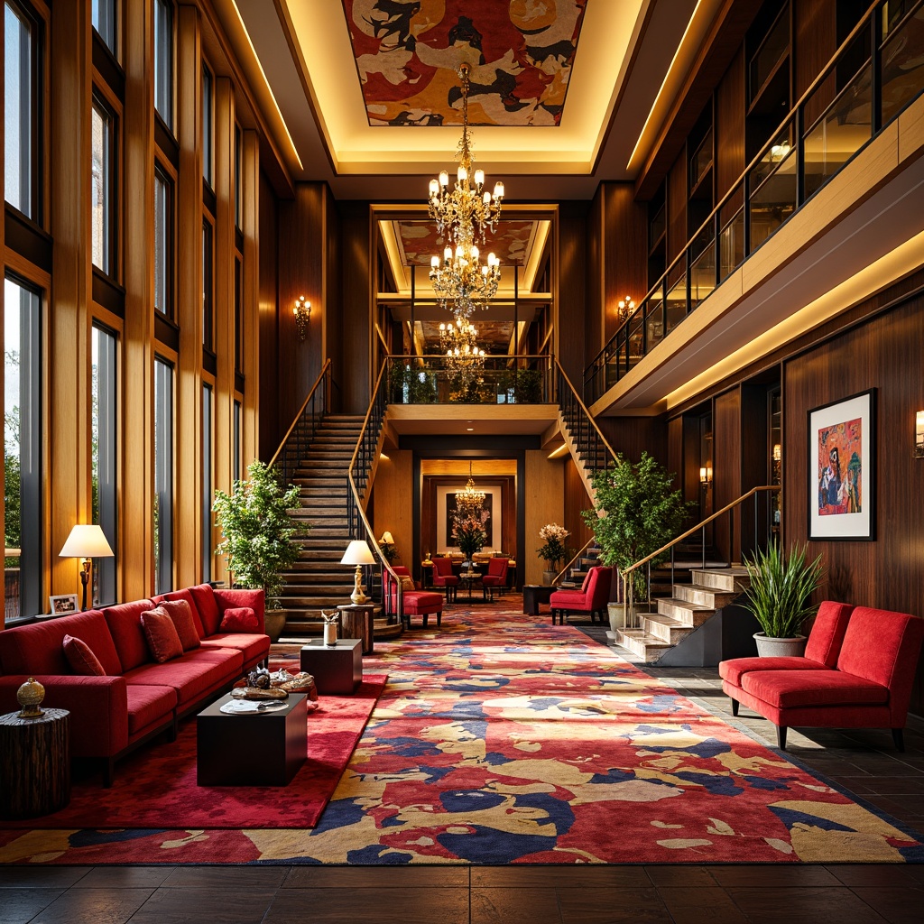 Prompt: Vibrant hotel lobby, eclectic furniture, rich velvet fabrics, bold color blocking, dynamic geometric patterns, luxurious metallic accents, warm golden lighting, inviting atmosphere, abstract artwork, ornate architectural details, grand staircase, lavish chandeliers, opulent materials, exotic wood tones, plush area rugs, sophisticated ambiance, 1/1 composition, dramatic shadows, high-contrast colors, artistic freedom, expressive brushstrokes.