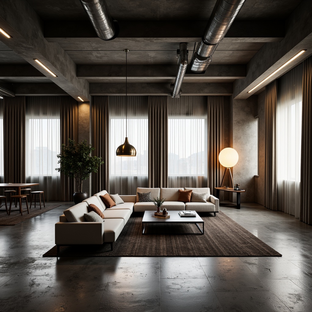 Prompt: Minimalist living room, sleek low-profile sofas, polished concrete floors, industrial-chic exposed ductwork, modern pendant lamps, spherical glass shades, brushed metal accents, warm ambient glow, LED strip lighting, floor-to-ceiling windows, sheer curtains, urban loft atmosphere, 1/1 composition, high-contrast lighting, dramatic shadows, realistic reflections, subtle color grading.