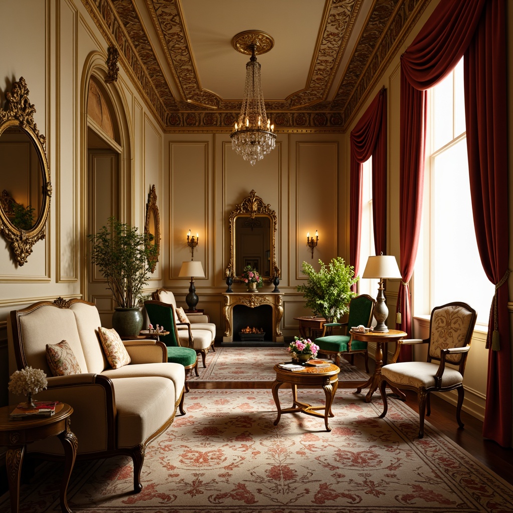 Prompt: Luxurious Rococo interior, soft golden lighting, warm beige walls, ornate mirrors, intricate carvings, velvet furnishings, rich jewel tones, emerald green accents, crimson red drapery, delicate florals, antique furniture, lavish textiles, subtle sheen, elegant curves, whimsical patterns, 18th century French inspiration, opulent details, refined ornaments, sophisticated ambiance, warm neutral background, soft focus, shallow depth of field.