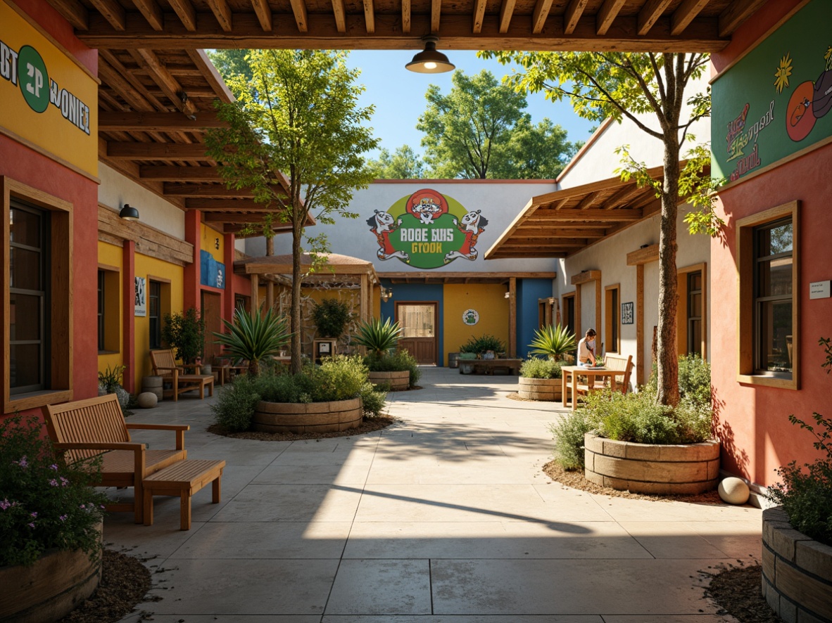 Prompt: Vibrant zoo interior, playful animal habitats, earthy tone walls, wooden exhibit structures, greenery canopies, natural stone floors, rustic metal accents, colorful graphic signage, whimsical lighting fixtures, sunny warm atmosphere, shallow depth of field, 1/1 composition, realistic textures, ambient occlusion.