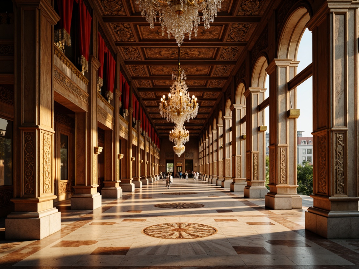 Prompt: Grandiose columns, ornate carvings, polished marble floors, crystal chandeliers, velvet drapes, intricate moldings, gilded accents, rustic wooden panels, luxurious silk fabrics, antique bronze hardware, symmetrical compositions, warm golden lighting, shallow depth of field, 2/3 composition, realistic textures, ambient occlusion.