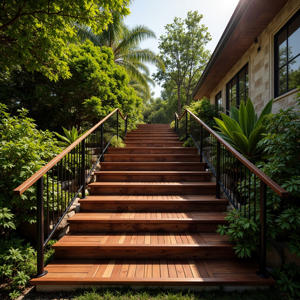 Prompt: Tropical staircase, exotic hardwood treads, rich dark wood grain, polished finish, sturdy metal railings, ornate balusters, lush greenery surroundings, natural stone walls, warm sunny lighting, high-contrast shadows, dramatic atmospheric perspective, 1/1 composition, realistic textures, ambient occlusion.