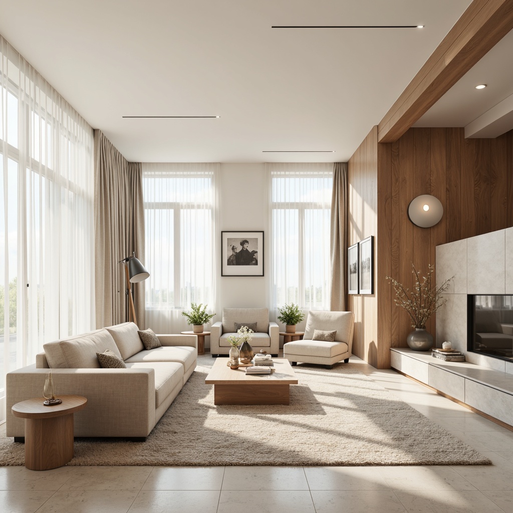 Prompt: Monochromatic interior design, soft pastel hues, calming atmosphere, creamy whites, warm beiges, rich wood tones, velvety smooth textures, metallic accents, elegant minimalism, natural light pouring in, sheer curtains, comfortable seating areas, plush rugs, sophisticated color blocking, 2/3 composition, shallow depth of field, realistic reflections, ambient occlusion.