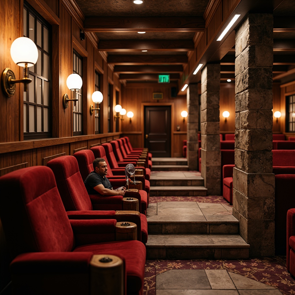 Prompt: Luxurious cinema interior, rich wood accents, plush velvet seats, ornate metalwork, distressed leather upholstery, vintage industrial lighting, exposed brick walls, decorative concrete columns, stylish craftman details, warm earthy tones, cozy intimate atmosphere, soft warm glow, cinematic color palette, 1/1 composition, shallow depth of field, realistic textures, ambient occlusion.