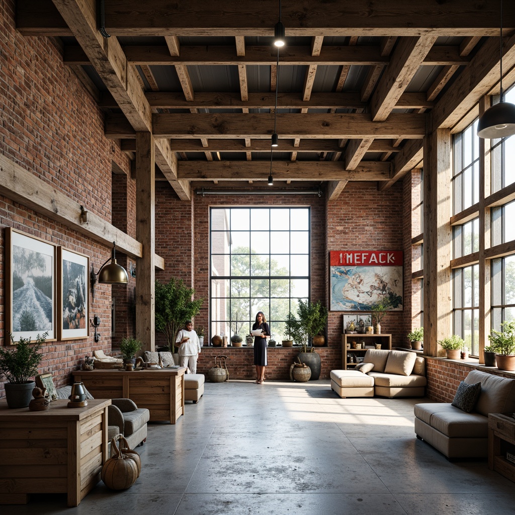 Prompt: Industrial chic warehouse, reclaimed wood accents, exposed brick walls, metal beams, high ceilings, open space layout, coastal-inspired decor, nautical rope details, vintage marine artifacts, distressed wooden crates, weathered metal signs, natural stone flooring, concrete pillars, modern industrial lighting, airy atmosphere, abundant natural light, shallow depth of field, 1/1 composition, panoramic view, realistic textures, ambient occlusion.