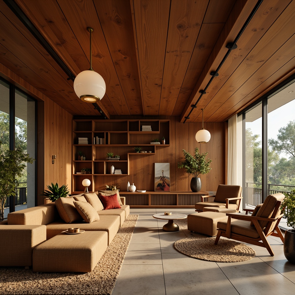 Prompt: Mid-century modern interior, sleek lines, organic shapes, warm wood tones, pendant lamps, spherical glass shades, brass metal fixtures, minimalist ceiling lights, geometric patterned textiles, natural fiber rugs, earthy color palette, soft ambient lighting, 1/1 composition, realistic materials, subtle shadows, intimate atmosphere.