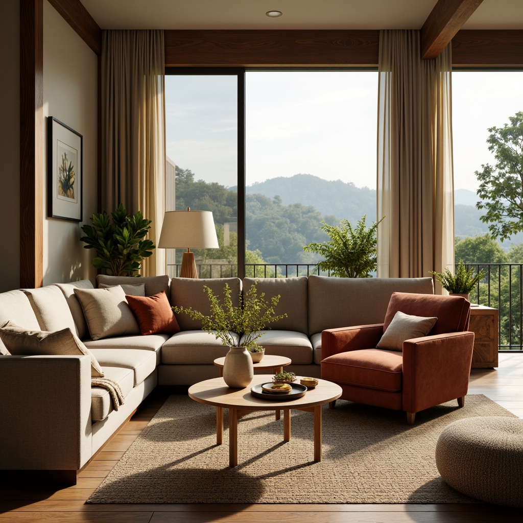 Prompt: Cozy living room, plush sofas, velvet armchairs, wooden coffee tables, soft cushions, warm lighting, natural textiles, earthy tones, modern minimalist design, sleek metal legs, comfortable pillows, relaxing atmosphere, calming colors, peaceful ambiance, scenic window views, lush greenery, sunny day, shallow depth of field, 3/4 composition, realistic textures, ambient occlusion.