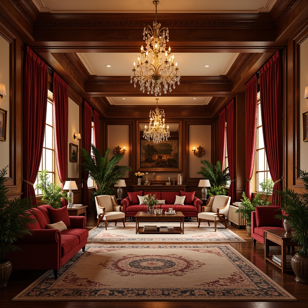 Prompt: Rich wood tones, warm golden lighting, ornate chandeliers, lavish furnishings, velvet drapes, intricate patterns, crimson red accents, earthy brown walls, cream-colored ceilings, decorative moldings, grand staircases, luxurious fabrics, sophisticated ambiance, afternoon natural light, soft focus, 1/2 composition, realistic textures, ambient occlusion.