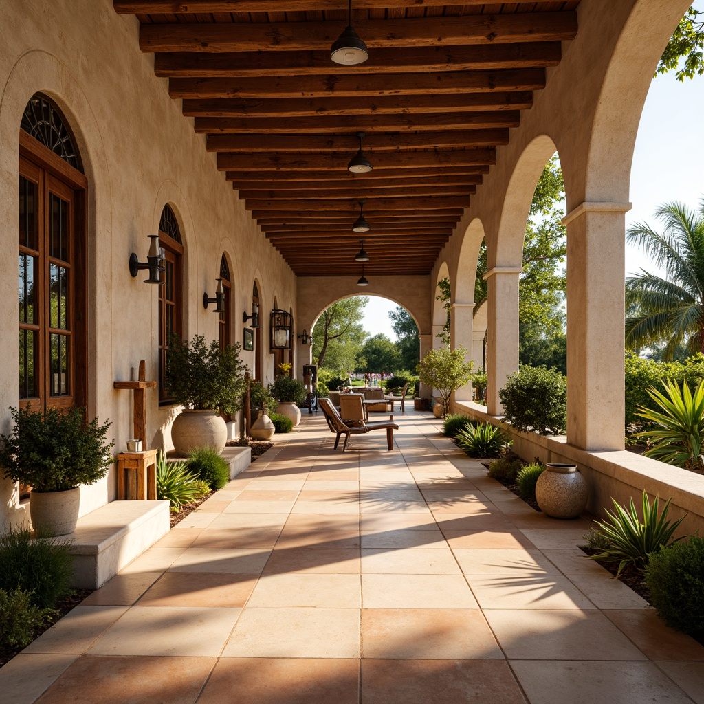 Prompt: Warm beige terracotta flooring, rustic wood accents, natural stone walls, arched windows, wrought iron details, soft warm lighting, earthy color palette, textured concrete surfaces, reclaimed wood beams, distressed metal fixtures, vintage fitness equipment, lush greenery, tropical plants, bright sunny day, shallow depth of field, 3/4 composition, panoramic view, realistic textures, ambient occlusion.