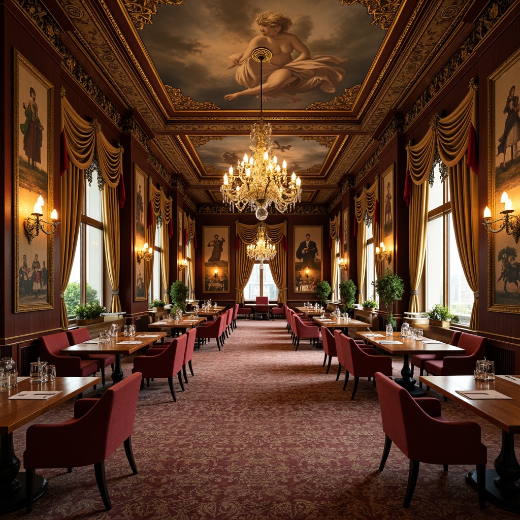 Prompt: Luxurious Renaissance-style dining room, ornate wooden furniture, intricately carved chairs, velvet-upholstered armchairs, richly polished walnut tables, grand crystal chandeliers, ornamental mirrors, lavish tapestries, frescoed ceilings, warm golden lighting, soft focus, 1/1 composition, realistic textures, ambient occlusion.