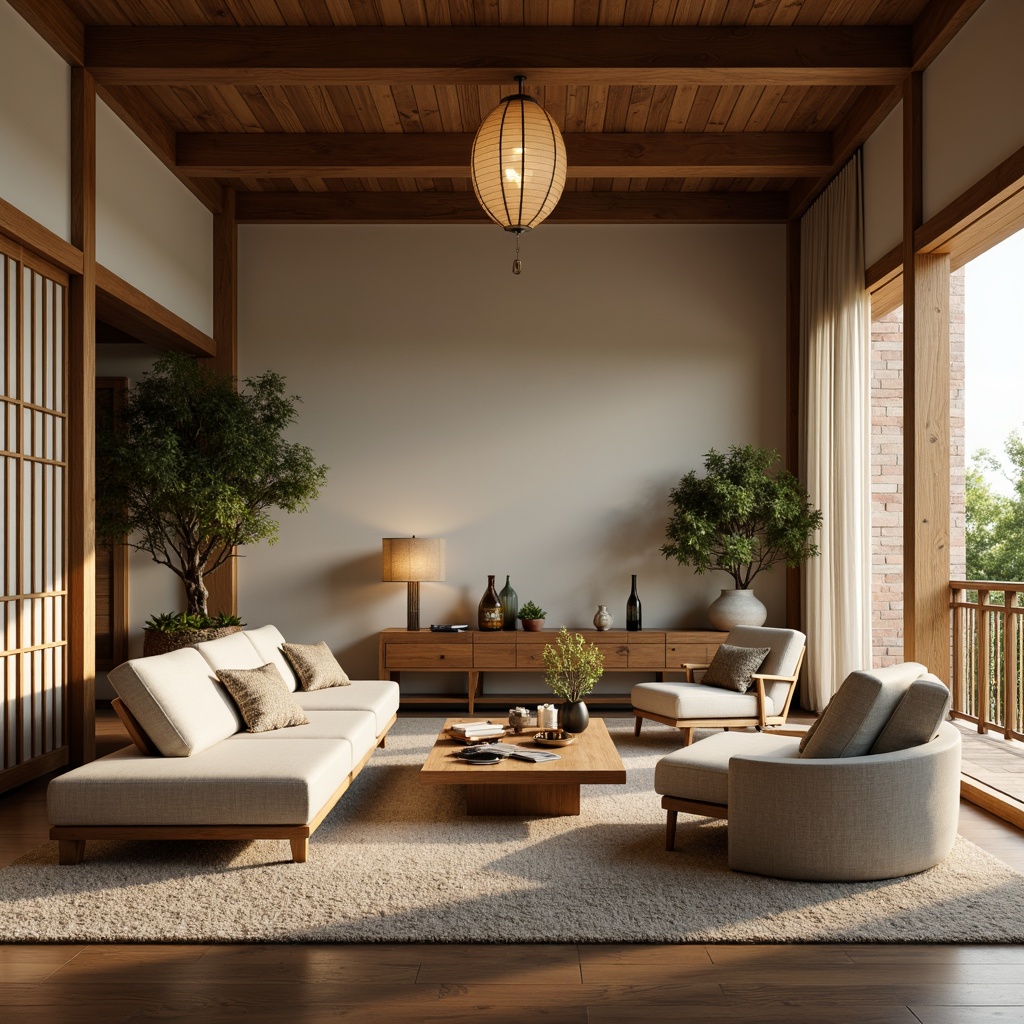 Prompt: Serene oriental-style living room, low-seating furniture, tatami mats, shoji screens, natural wood accents, paper lanterns, bonsai trees, minimal ornamentation, subtle textures, earthy color palette, warm soft lighting, shallow depth of field, 1/1 composition, realistic render, ambient occlusion, traditional Asian motifs, intricate carvings, natural fabrics, gentle curves, harmonious balance.