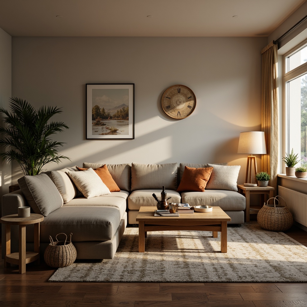 Prompt: Cozy living room, plush sectional sofa, velvety upholstery, wooden coffee table, minimalist decor, floor lamps, soft warm lighting, comfortable throw pillows, functional storage units, woven baskets, natural fiber rugs, calming color palette, serene ambiance, 1/1 composition, intimate scale, realistic textures, ambient occlusion.