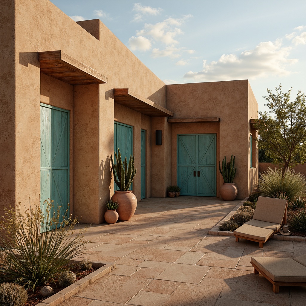 Prompt: Earthy adobe walls, rustic stucco finishes, natural stone accents, vibrant turquoise hues, sandy beige tones, terracotta pottery inspirations, woven wicker patterns, rough-hewn wooden doors, ornate metalwork details, desert botanicals, cactus silhouettes, warm sunset lighting, shallow depth of field, 1/1 composition, realistic textures, ambient occlusion.