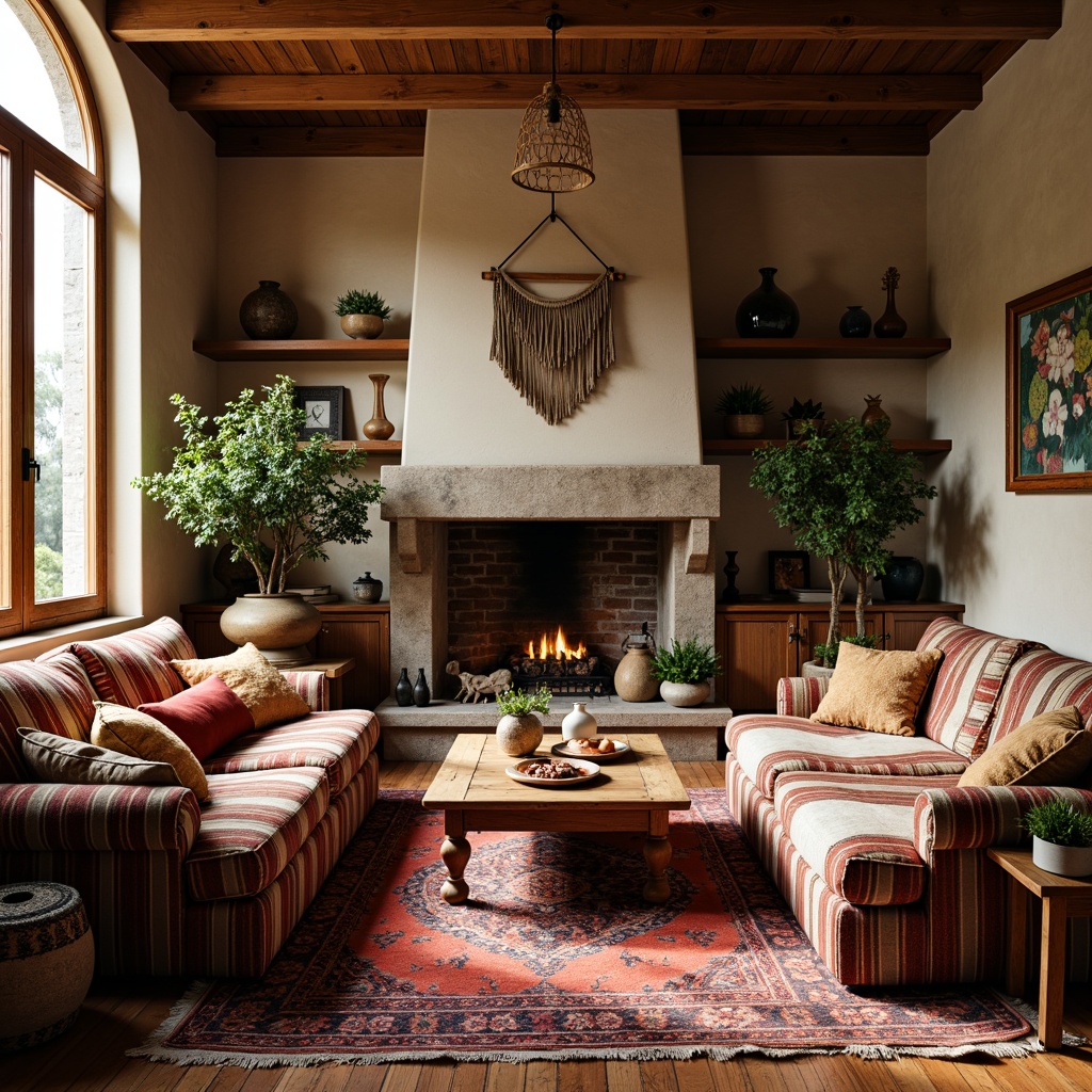 Prompt: Cozy family room, eclectic decor, vintage furniture, rich wood tones, plush area rugs, bold colorful patterns, Moroccan-inspired textiles, velvet pillows, macrame wall hangings, woven baskets, natural stone fireplace, warm soft lighting, 1/1 composition, shallow depth of field, realistic textures, ambient occlusion.