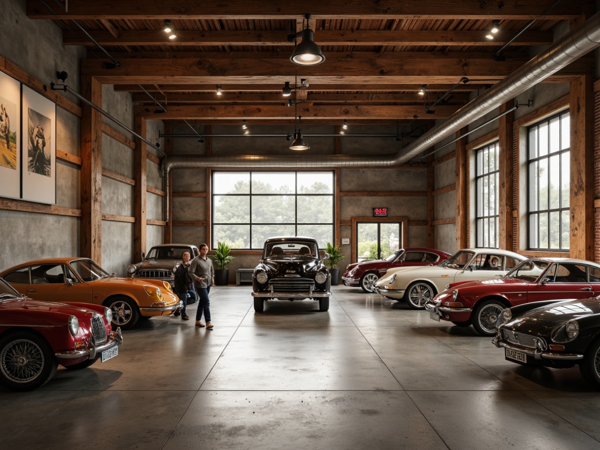 Prompt: Rustic garage, classicism style, wooden accents, vintage car displays, polished concrete floors, epoxy coatings, industrial chic decor, exposed brick walls, steel beams, reclaimed wood textures, earthy color palette, soft warm lighting, shallow depth of field, 3/4 composition, realistic reflections, ambient occlusion.