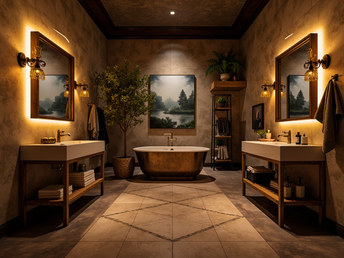 Prompt: Moody bathroom atmosphere, warm golden lighting, dramatic shadows, ornate metal fixtures, vintage sconces, distressed finishes, eclectic decorative accents, rich jewel-toned colors, bold geometric patterns, luxurious textiles, statement pieces of art, dimmable floor lamps, ambient LED strips, freestanding tubs, spa-inspired ambiance, misty mirror effects, warm beige marble, soft focused lighting, 1/2 composition, cinematic mood, realistic reflections.