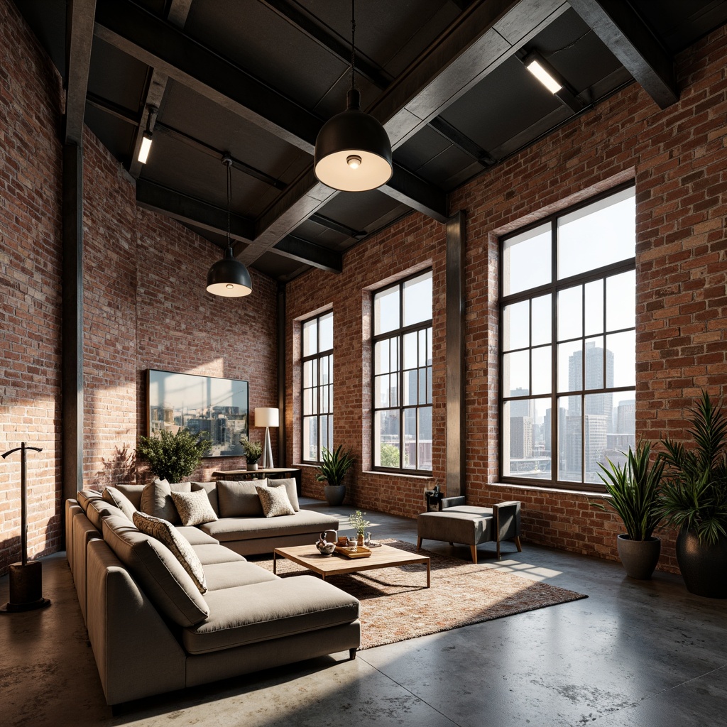 Prompt: Exposed brick walls, metal beams, industrial-style lighting fixtures, reclaimed wood accents, distressed concrete floors, urban cityscape views, modern minimalist decor, functional pipework, industrial-chic color palette, gritty textured surfaces, converted warehouse atmosphere, eclectic vintage decor, steel-framed windows, high ceilings, open-concept living space, natural light pouring in, dramatic shadows, 1/1 composition, cinematic lighting, realistic metallic reflections.